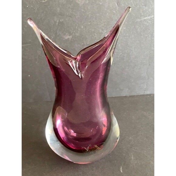 MCM Murano Sommerso Hand Blown Glass Vase 9" Purple Pointed Tips Formia Italy - Picture 11 of 16
